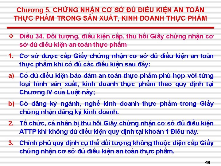 Chương 5. CHỨNG NHẬN CƠ SỞ ĐỦ ĐIỀU KIỆN AN TOÀN THỰC PHẨM TRONG