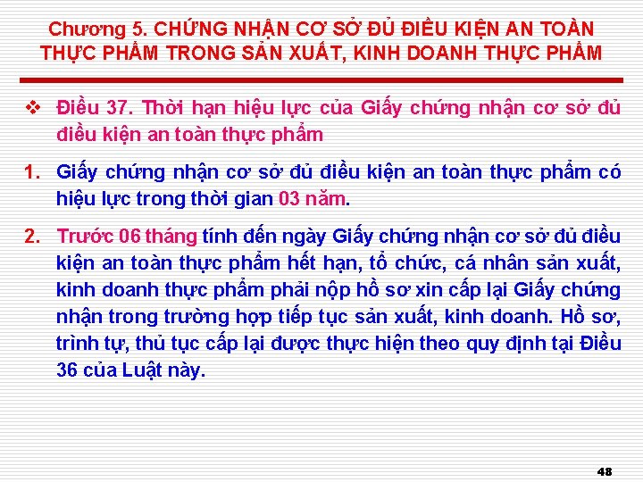 Chương 5. CHỨNG NHẬN CƠ SỞ ĐỦ ĐIỀU KIỆN AN TOÀN THỰC PHẨM TRONG