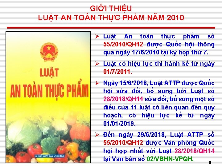 GIỚI THIỆU LUẬT AN TOÀN THỰC PHẨM NĂM 2010 Ø Luật An toàn thực