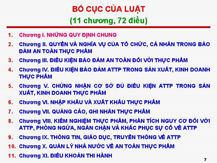 BỐ CỤC CỦA LUẬT (11 chương, 72 điều) 1. Chương I. NHỮNG QUY ĐỊNH
