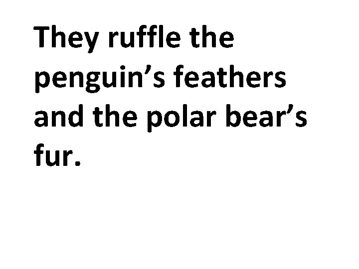 They ruffle the penguin’s feathers and the polar bear’s fur. They ruffle the penguin’s feathers and the polar bear’s fur.