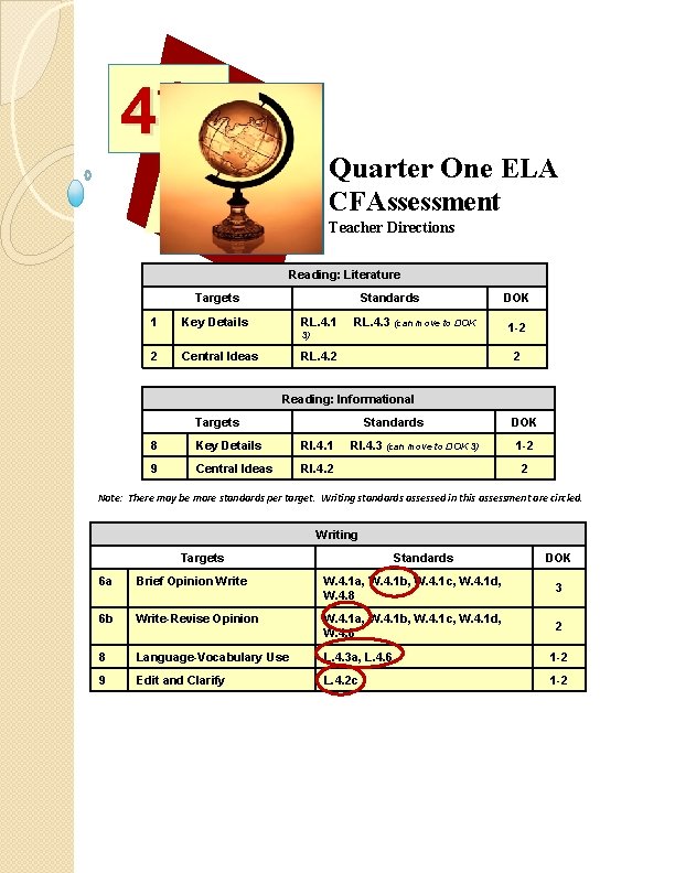 th 4 Quarter One ELA CFAssessment Teacher Directions Reading: Literature Targets 1 Standards Key