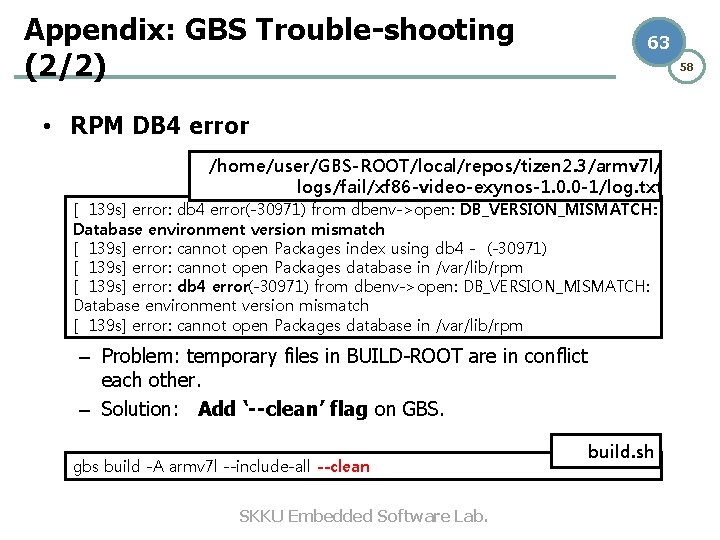 Appendix: GBS Trouble-shooting (2/2) 63 58 • RPM DB 4 error /home/user/GBS-ROOT/local/repos/tizen 2. 3/armv Appendix: GBS Trouble-shooting (2/2) 63 58 • RPM DB 4 error /home/user/GBS-ROOT/local/repos/tizen 2. 3/armv