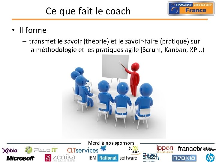 Ce que fait le coach • Il forme – transmet le savoir (théorie) et