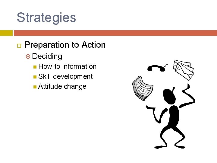 Strategies Preparation to Action Deciding How-to information Skill development Attitude change 