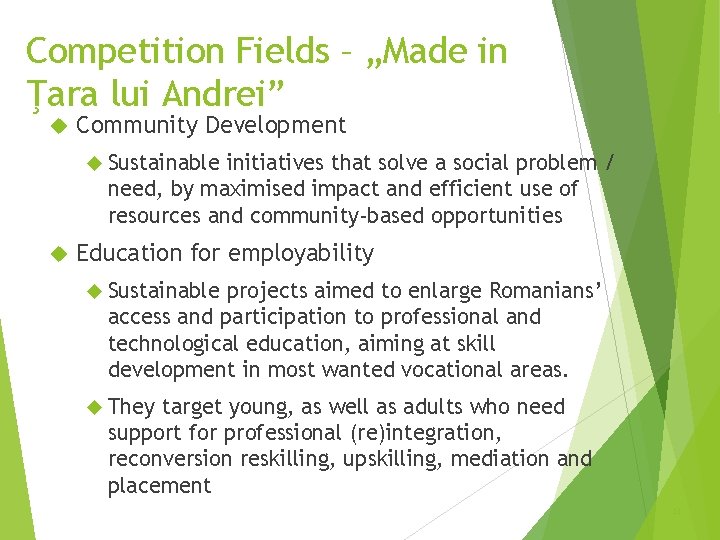 Competition Fields – „Made in Ţara lui Andrei” Community Development Sustainable initiatives that solve