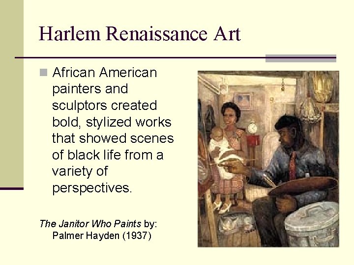 Harlem Renaissance Art n African American painters and sculptors created bold, stylized works that