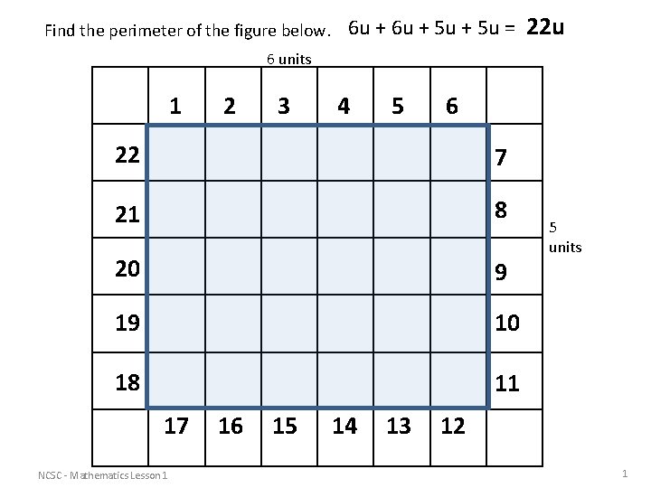 Find the perimeter of the figure below. 6 u + 5 u = 22