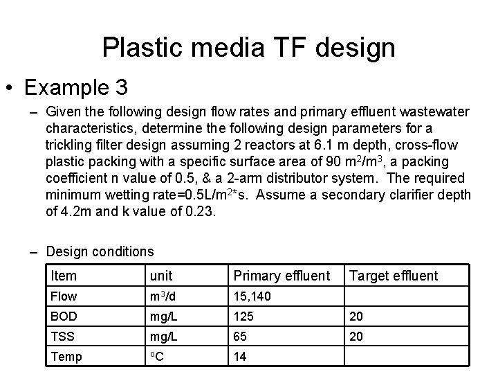 Plastic media TF design • Example 3 – Given the following design flow rates