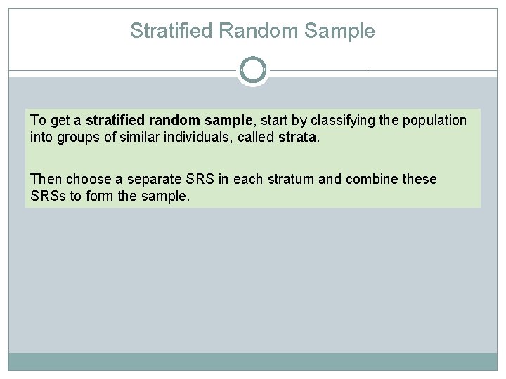 Stratified Random Sample To get a stratified random sample, start by classifying the population