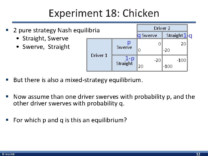 Experiment 18: Chicken § 2 pure strategy Nash equilibria • Straight, Swerve • Swerve,
