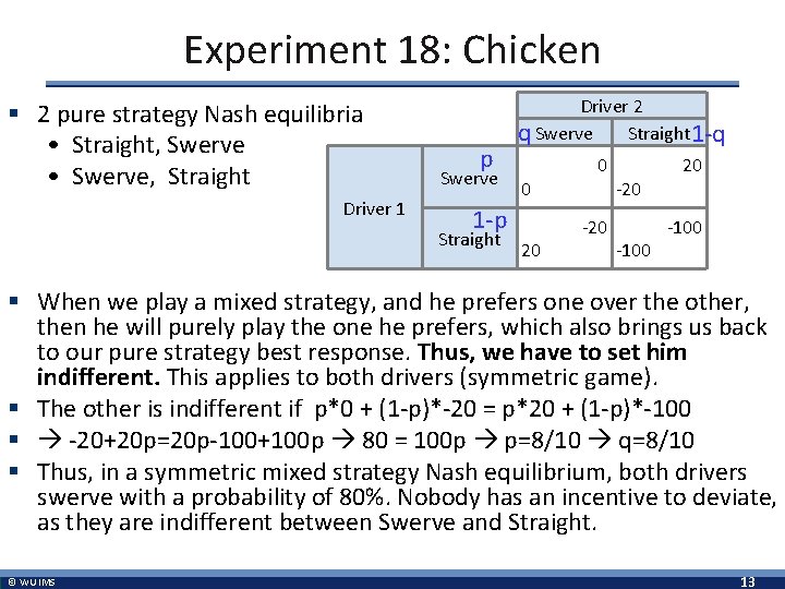 Experiment 18: Chicken § 2 pure strategy Nash equilibria • Straight, Swerve • Swerve,