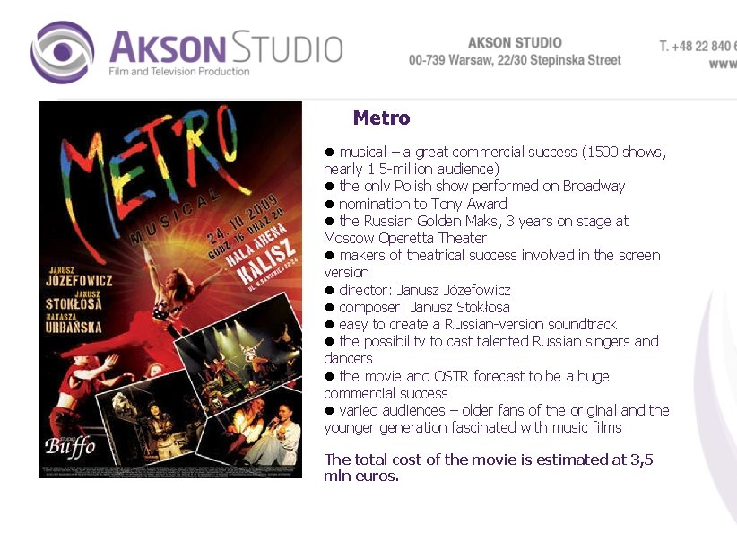 Metro musical – a great commercial success (1500 shows, nearly 1. 5 -million audience)
