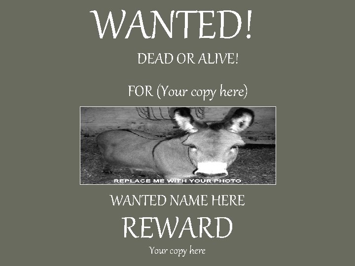 WANTED! DEAD OR ALIVE! FOR (Your copy here) WANTED NAME HERE REWARD Your copy