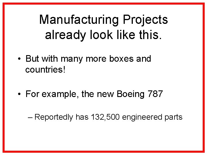 Manufacturing Projects already look like this. • But with many more boxes and countries!