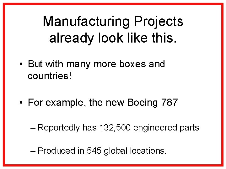 Manufacturing Projects already look like this. • But with many more boxes and countries!