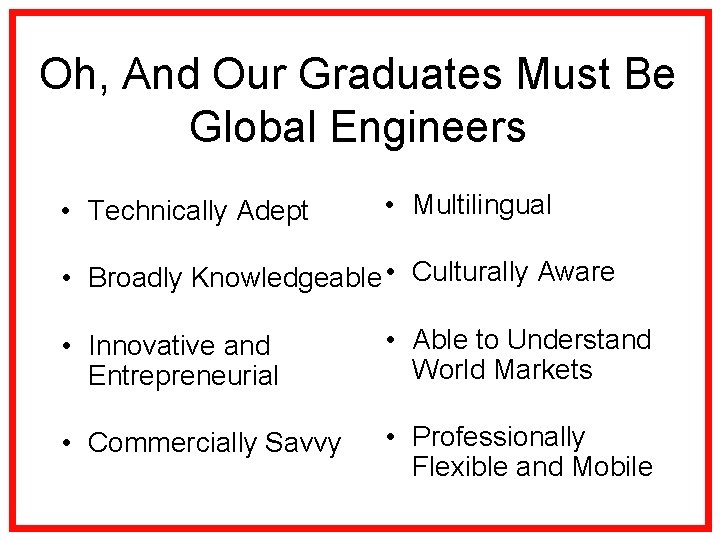 Oh, And Our Graduates Must Be Global Engineers • Technically Adept • Multilingual •