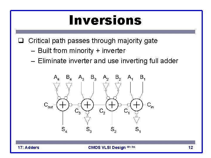 Inversions q Critical path passes through majority gate – Built from minority + inverter Inversions q Critical path passes through majority gate – Built from minority + inverter