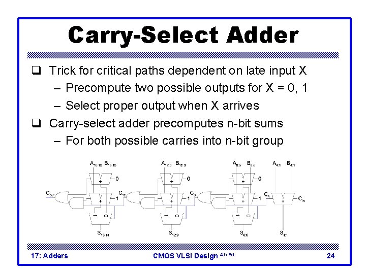 Carry-Select Adder q Trick for critical paths dependent on late input X – Precompute Carry-Select Adder q Trick for critical paths dependent on late input X – Precompute