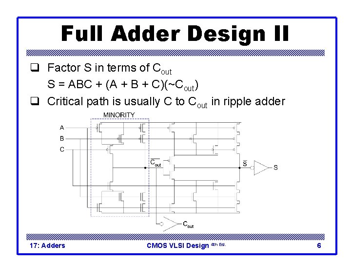 Full Adder Design II q Factor S in terms of Cout S = ABC Full Adder Design II q Factor S in terms of Cout S = ABC