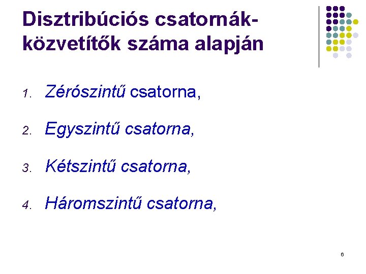 Disztribúciós csatornákközvetítők száma alapján 1. Zérószintű csatorna, 2. Egyszintű csatorna, 3. Kétszintű csatorna, 4.