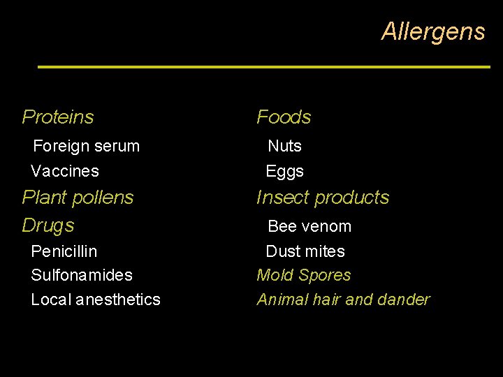 Allergens Proteins Foreign serum Vaccines Plant pollens Drugs Penicillin Sulfonamides Local anesthetics Foods Nuts