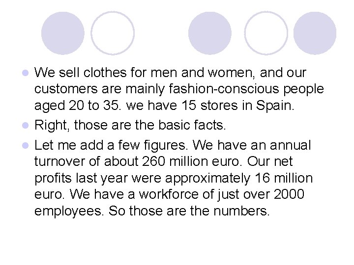We sell clothes for men and women, and our customers are mainly fashion-conscious people We sell clothes for men and women, and our customers are mainly fashion-conscious people