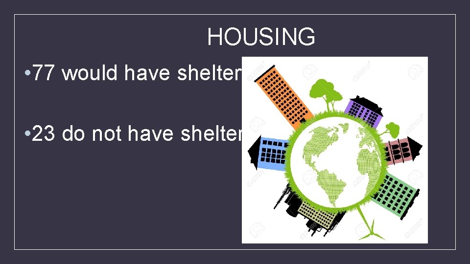 HOUSING • 77 would have shelter • 23 do not have shelter 