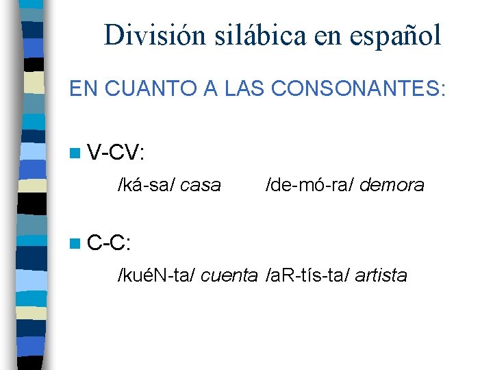 División silábica en español EN CUANTO A LAS CONSONANTES: n V-CV: /ká-sa/ casa /de-mó-ra/