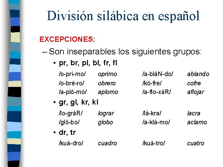 División silábica en español EXCEPCIONES: – Son inseparables los siguientes grupos: • pr, br,