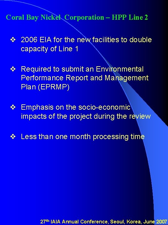 Coral Bay Nickel Corporation – HPP Line 2 v 2006 EIA for the new