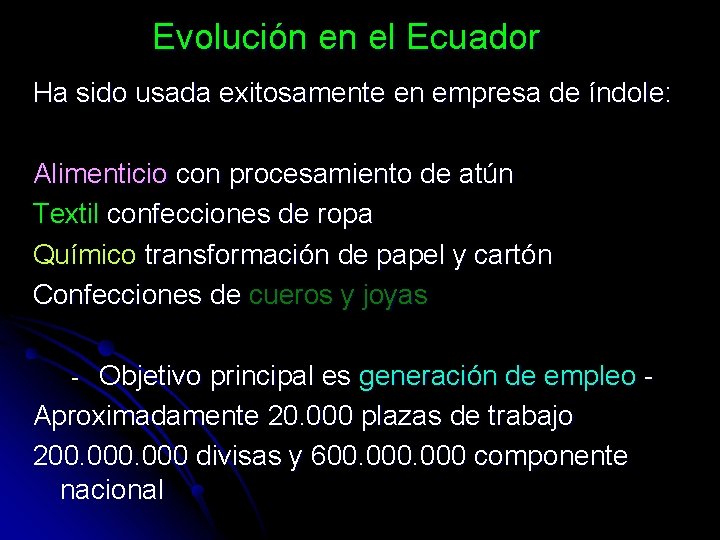 Evolución en el Ecuador Ha sido usada exitosamente en empresa de índole: Alimenticio con