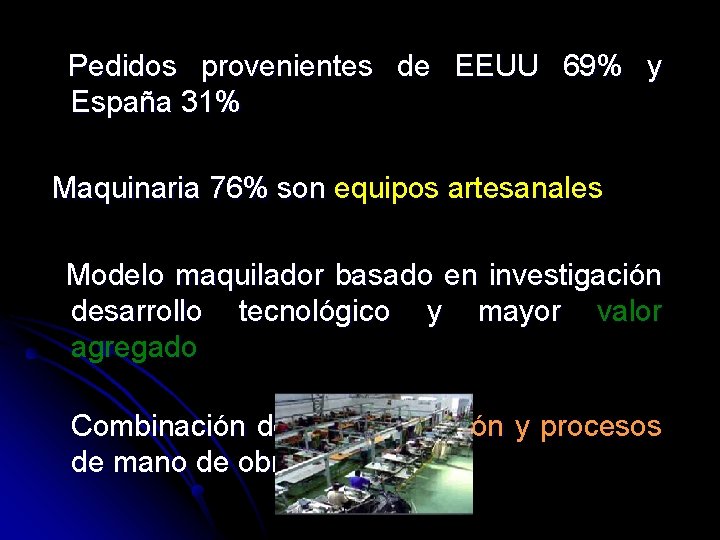 Pedidos provenientes de EEUU 69% y España 31% Maquinaria 76% son equipos artesanales Modelo