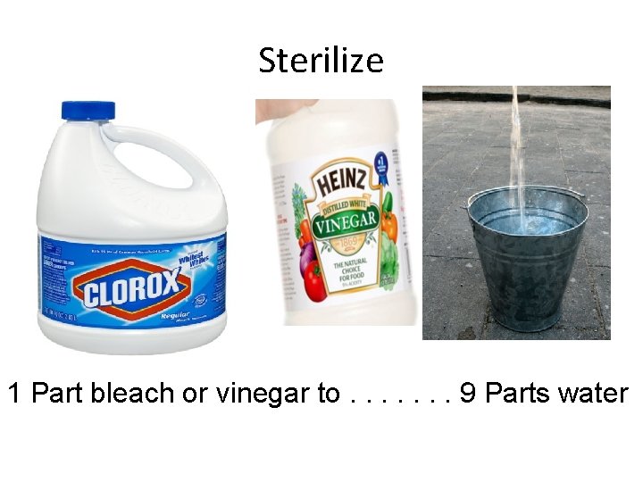 Sterilize 1 Part bleach or vinegar to. . . . 9 Parts water 