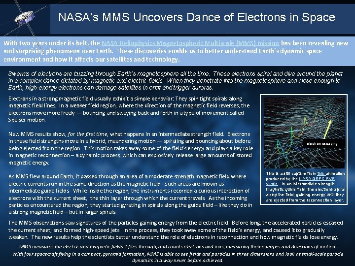 NASA’s MMS Uncovers Dance of Electrons in Space With two years under its belt,