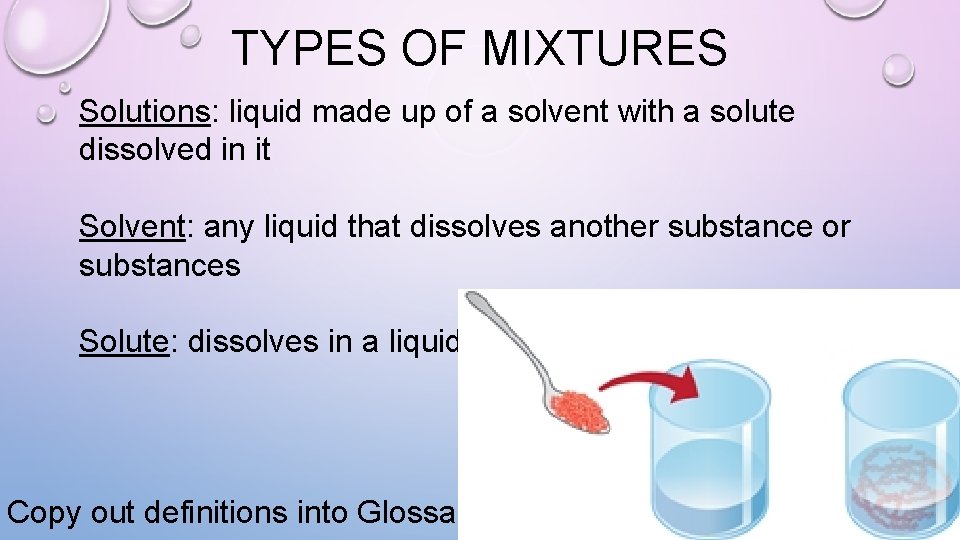 TYPES OF MIXTURES Solutions: liquid made up of a solvent with a solute dissolved