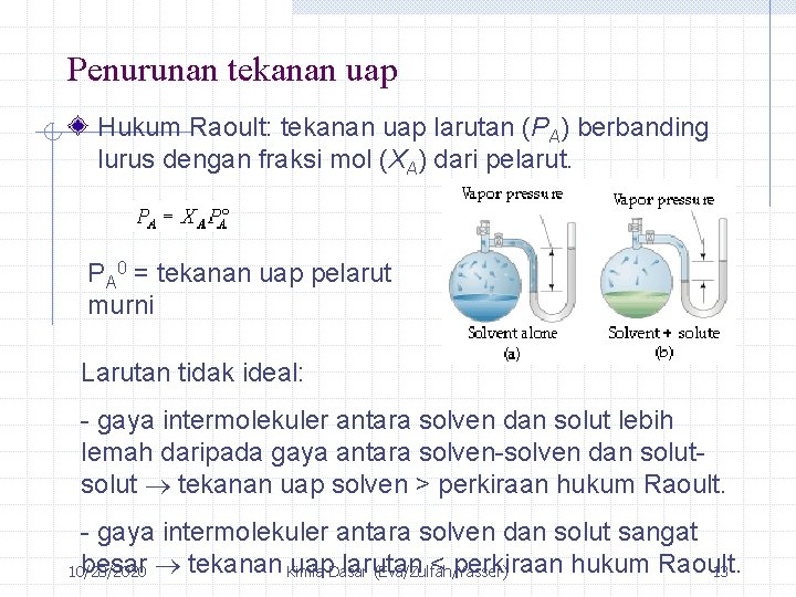 Penurunan tekanan uap Hukum Raoult: tekanan uap larutan (PA) berbanding lurus dengan fraksi mol