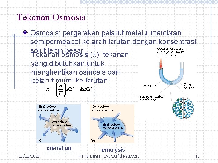 Tekanan Osmosis: pergerakan pelarut melalui membran semipermeabel ke arah larutan dengan konsentrasi solut lebih