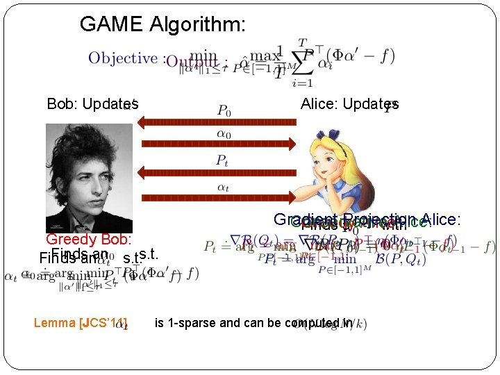 GAME Algorithm: Bob: Updates Alice: Updates Greedy Bob: Finds anan s. t. Lemma [JCS’