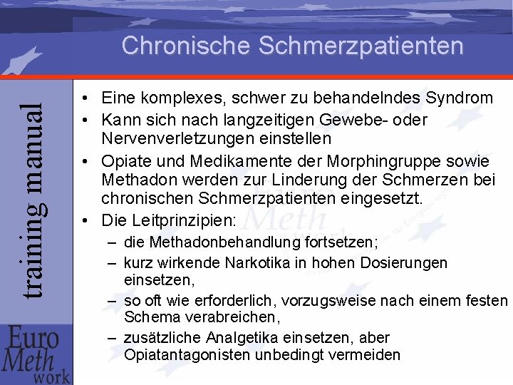 training manual Chronische Schmerzpatienten • Eine komplexes, schwer zu behandelndes Syndrom • Kann sich