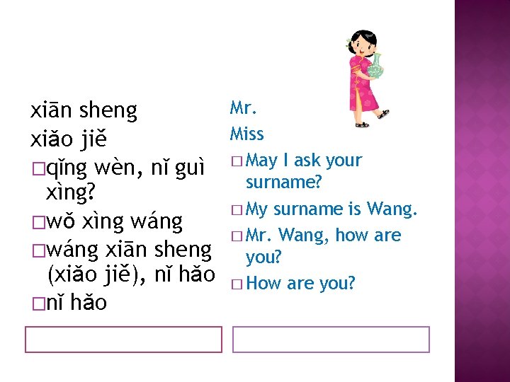 Mr. xiān sheng Miss xiǎo jiě � May I ask your �qǐng wèn, nǐ