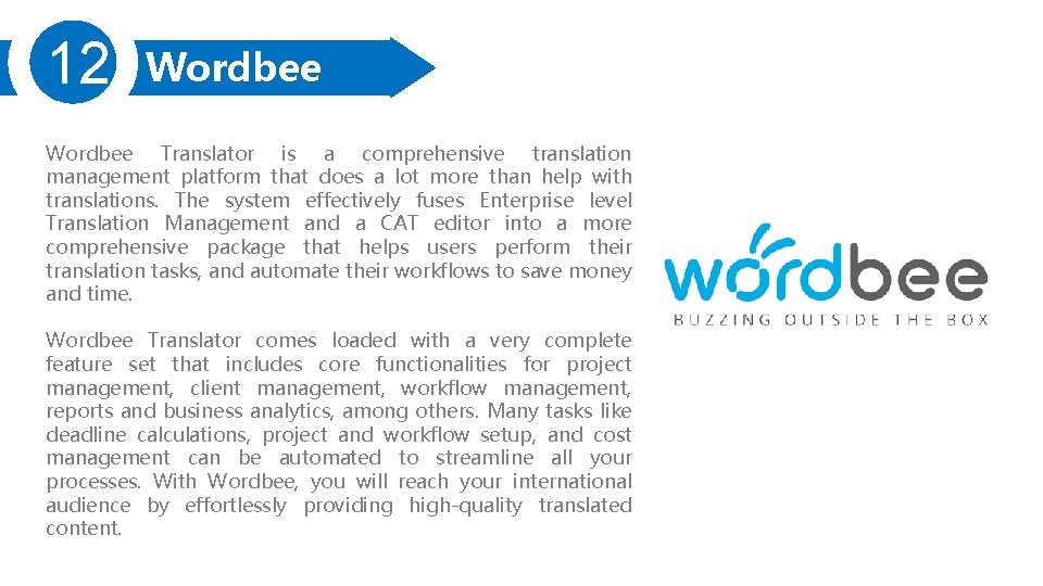 12 Wordbee Translator is a comprehensive translation management platform that does a lot more 12 Wordbee Translator is a comprehensive translation management platform that does a lot more