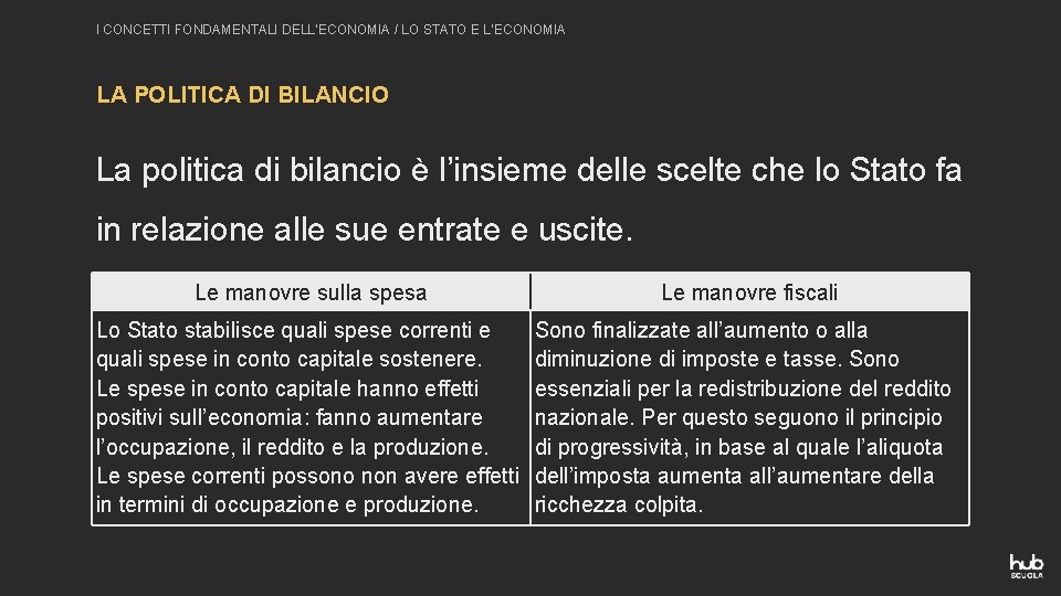 I CONCETTI FONDAMENTALI DELL’ECONOMIA / LO STATO E L’ECONOMIA LA POLITICA DI BILANCIO La