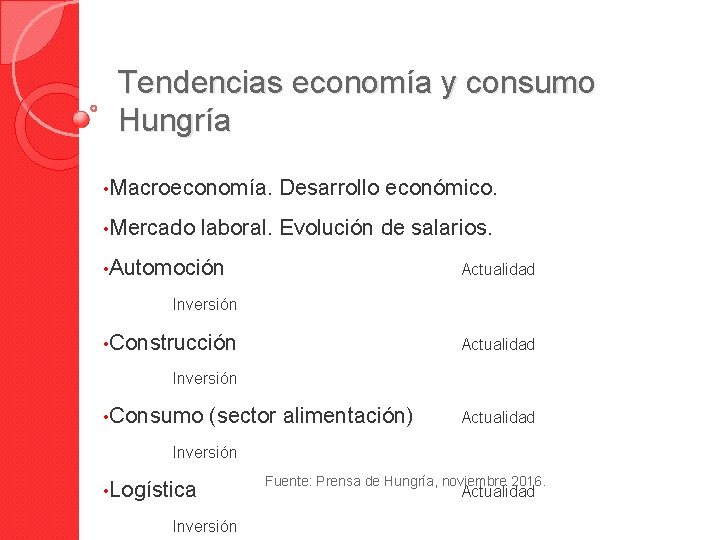 Tendencias economía y consumo Hungría • Macroeconomía. Desarrollo económico. • Mercado laboral. Evolución de