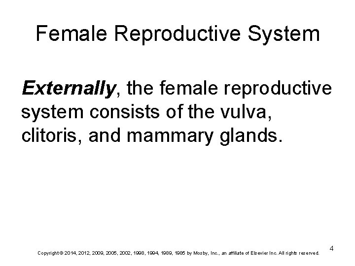 Female Reproductive System Externally, the female reproductive system consists of the vulva, clitoris, and Female Reproductive System Externally, the female reproductive system consists of the vulva, clitoris, and