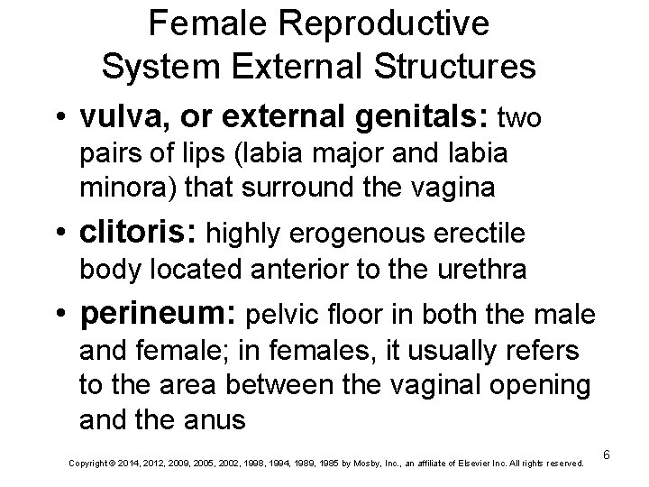 Female Reproductive System External Structures • vulva, or external genitals: two pairs of lips Female Reproductive System External Structures • vulva, or external genitals: two pairs of lips