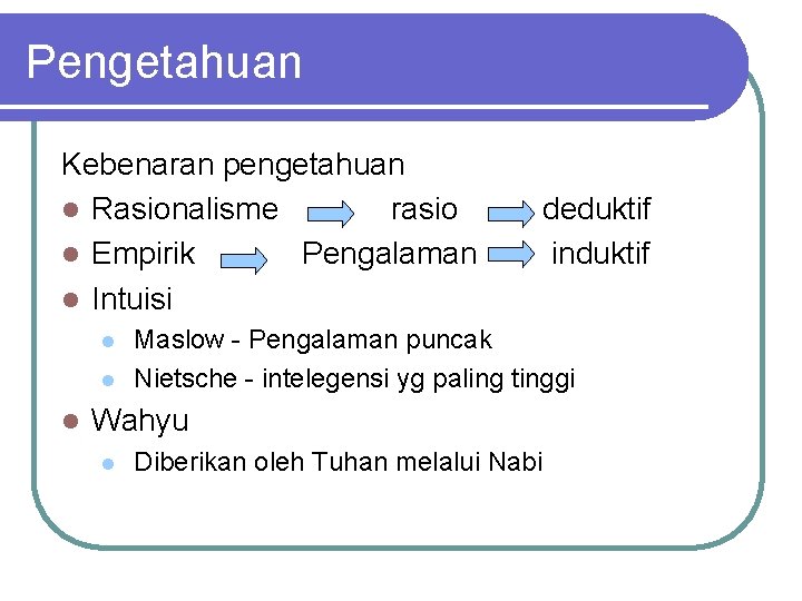 Pengetahuan Kebenaran pengetahuan l Rasionalisme rasio l Empirik Pengalaman l Intuisi l l l