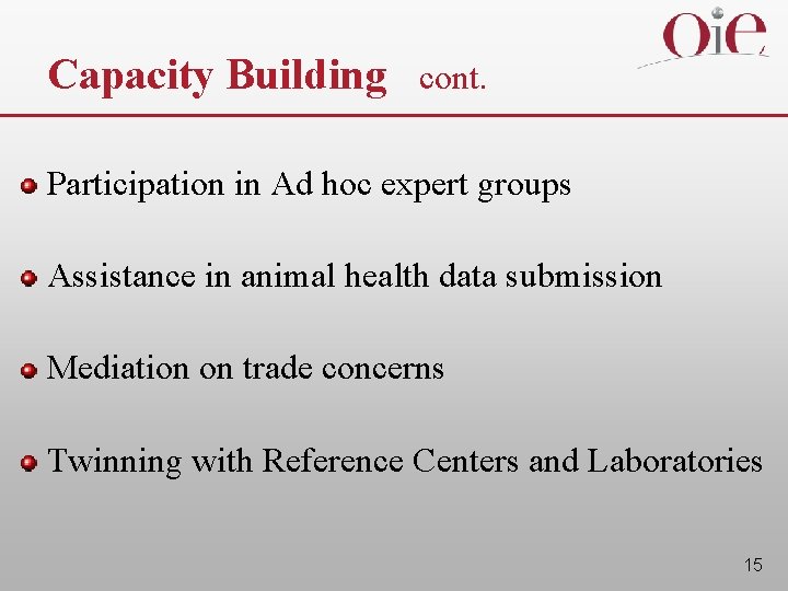 Capacity Building cont. Participation in Ad hoc expert groups Assistance in animal health data