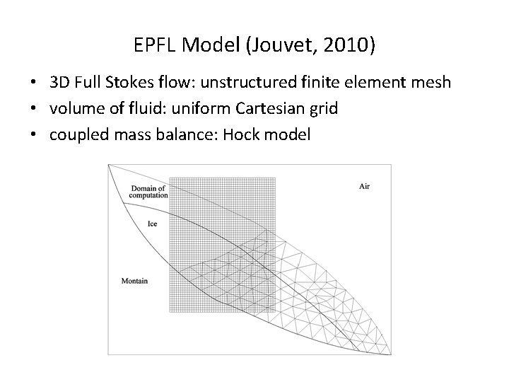 EPFL Model (Jouvet, 2010) • 3 D Full Stokes flow: unstructured finite element mesh