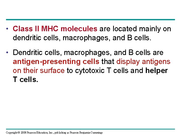  • Class II MHC molecules are located mainly on dendritic cells, macrophages, and